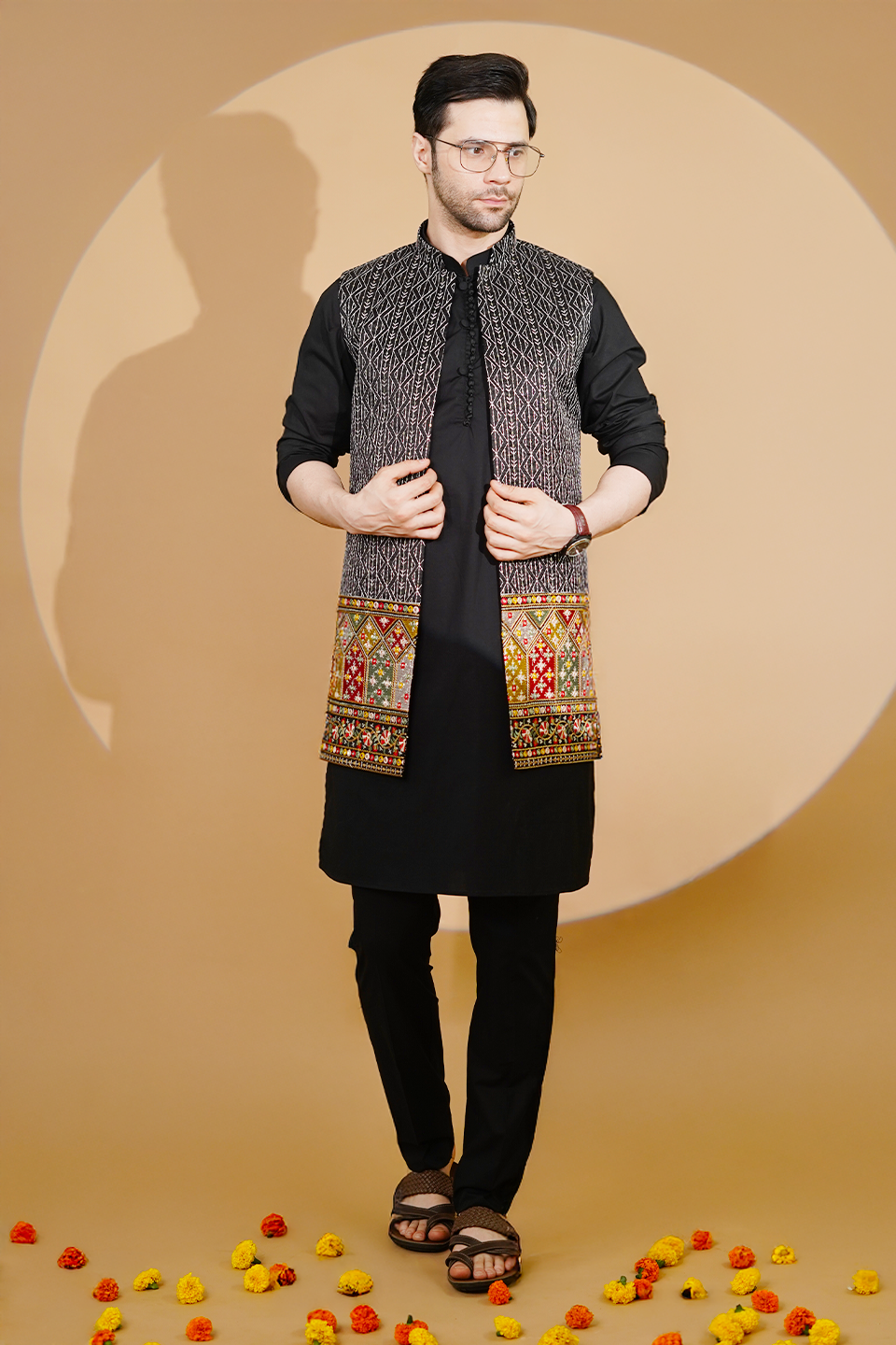 Poplin Black Kurta Pyjama with Nehru Jacket