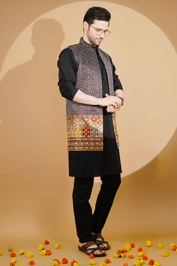 Poplin Black Kurta Pyjama with Nehru Jacket