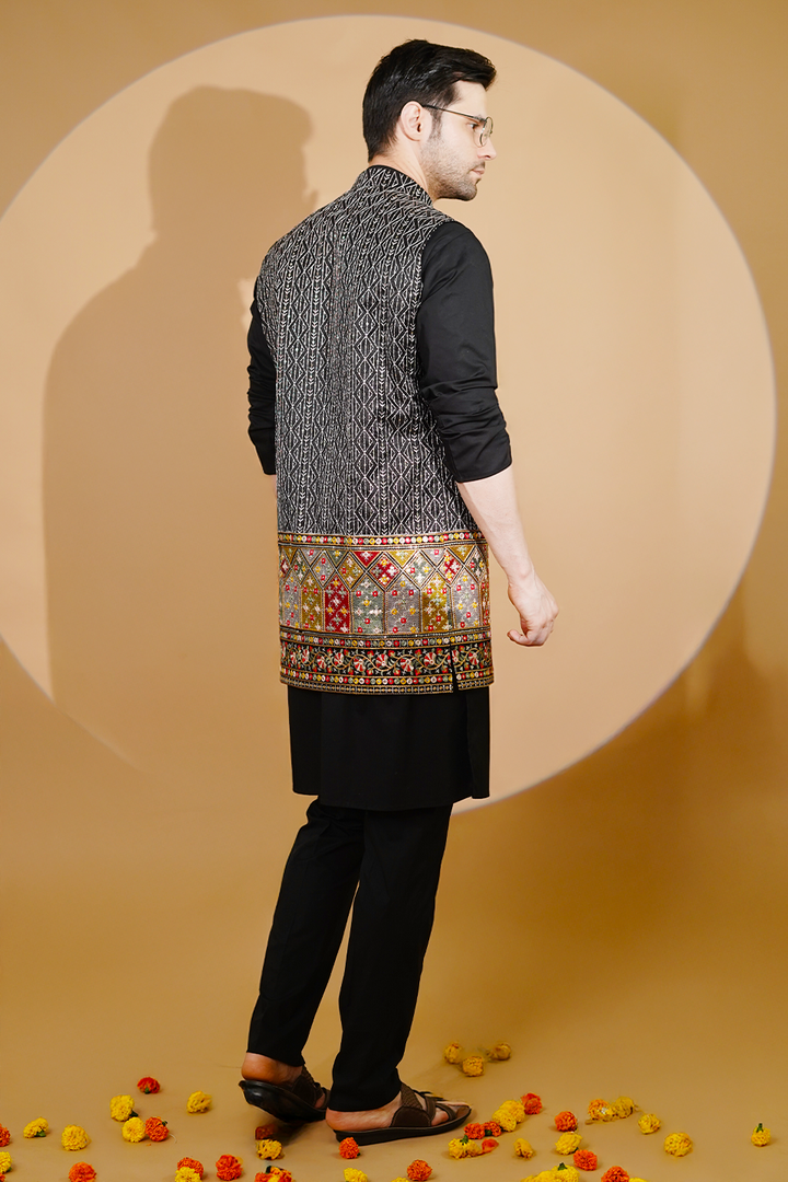 Poplin Black Kurta Pyjama with Nehru Jacket
