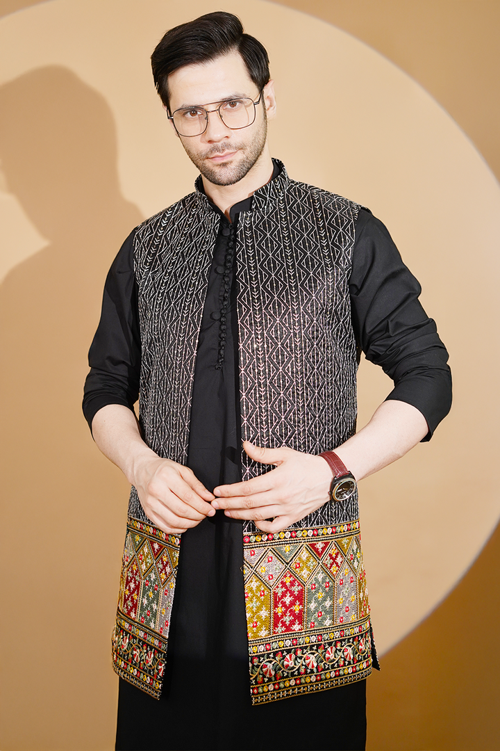 Poplin Black Kurta Pyjama with Nehru Jacket