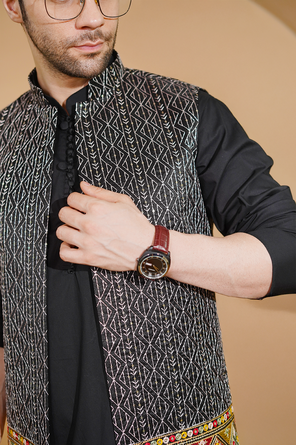 Poplin Black Kurta Pyjama with Nehru Jacket