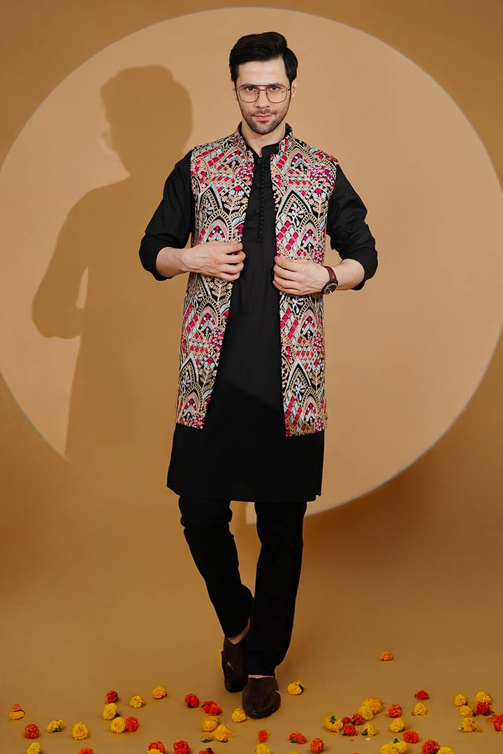 Poplin Black Kurta Pyjama with Nehru Jacket