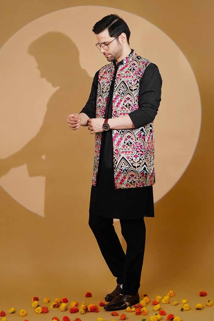 Poplin Black Kurta Pyjama with Nehru Jacket