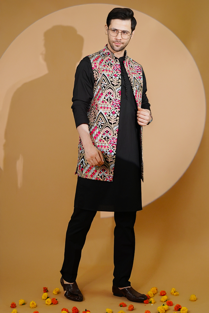 Poplin Black Kurta Pyjama with Nehru Jacket