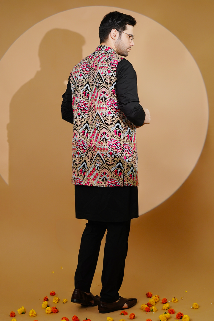 Poplin Black Kurta Pyjama with Nehru Jacket