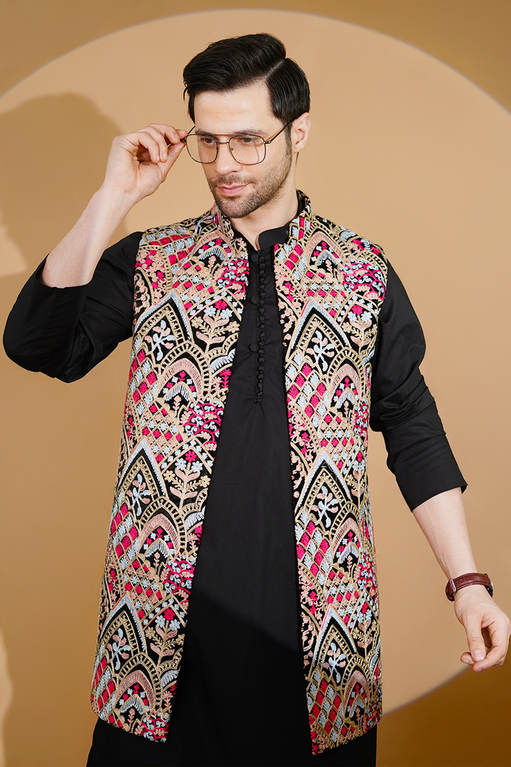 Poplin Black Kurta Pyjama with Nehru Jacket