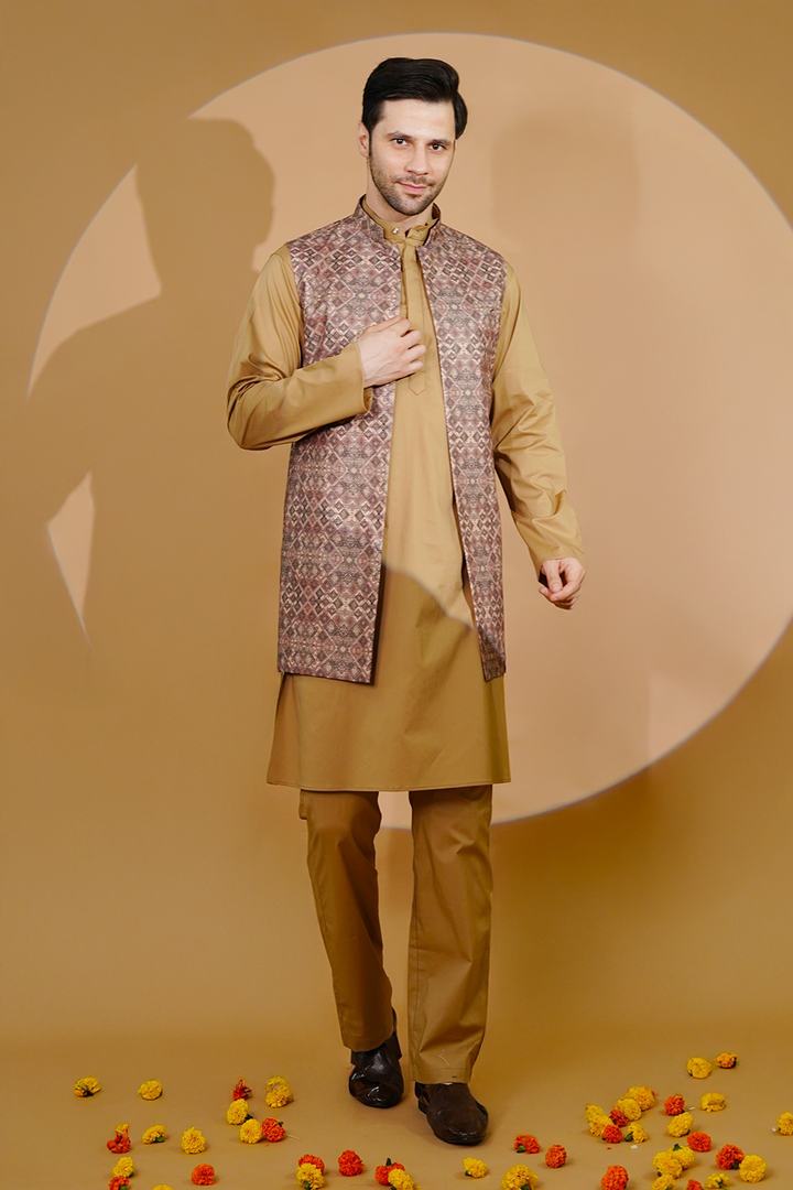 Poplin Gold Kurta Pyjama with Nehru Jacket