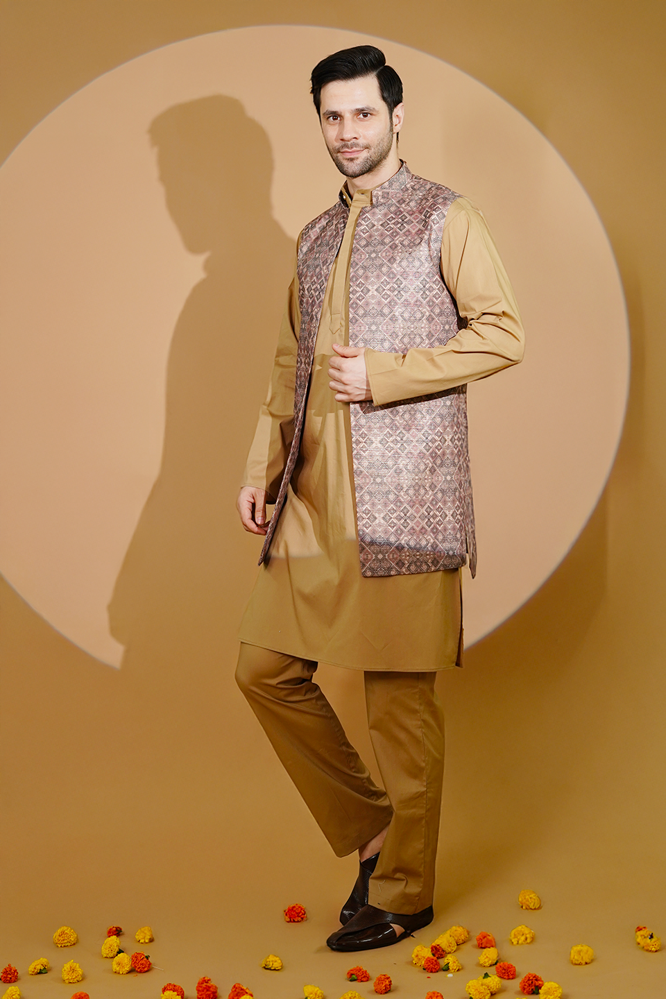 Poplin Gold Kurta Pyjama with Nehru Jacket