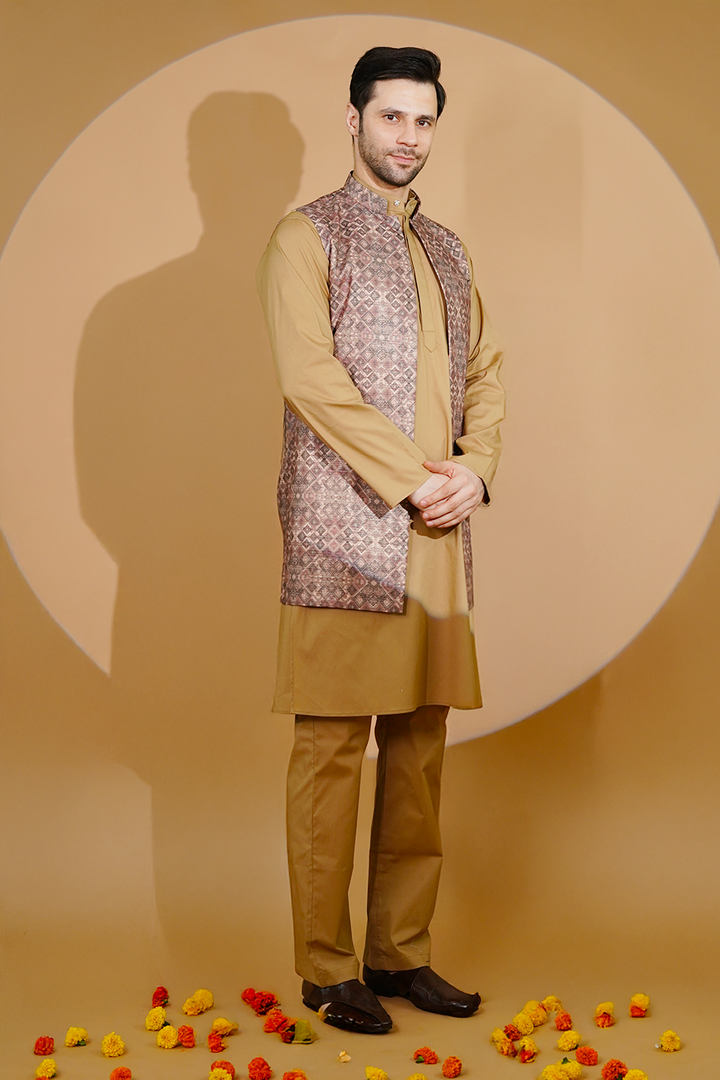 Poplin Gold Kurta Pyjama with Nehru Jacket