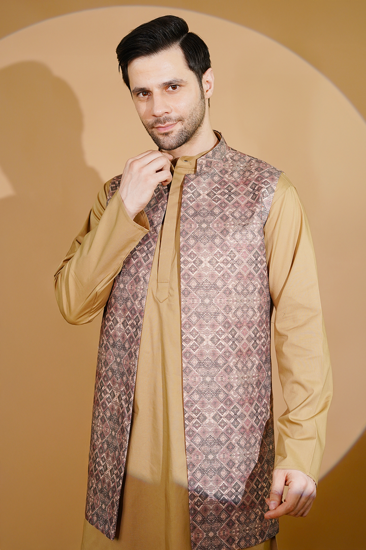 Poplin Gold Kurta Pyjama with Nehru Jacket