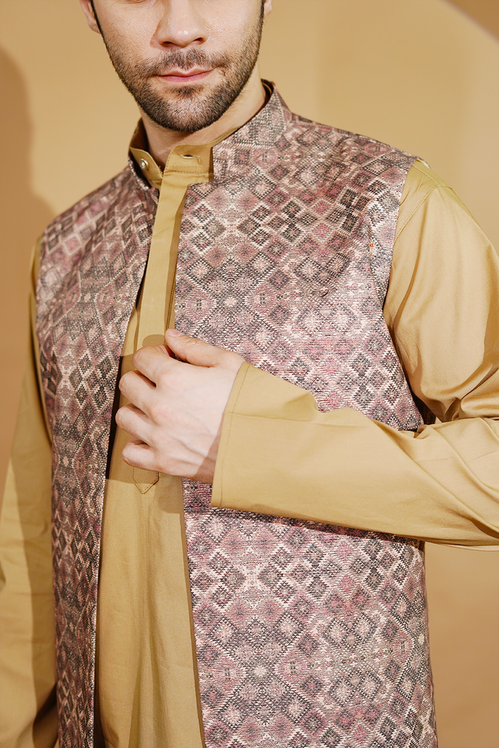 Poplin Gold Kurta Pyjama with Nehru Jacket