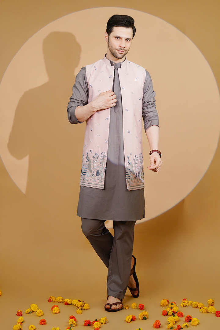 Poplin Grey Kurta Pyjama with Nehru Jacket