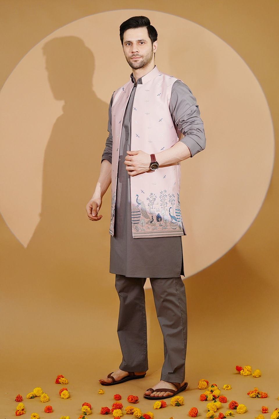 Poplin Grey Kurta Pyjama with Nehru Jacket