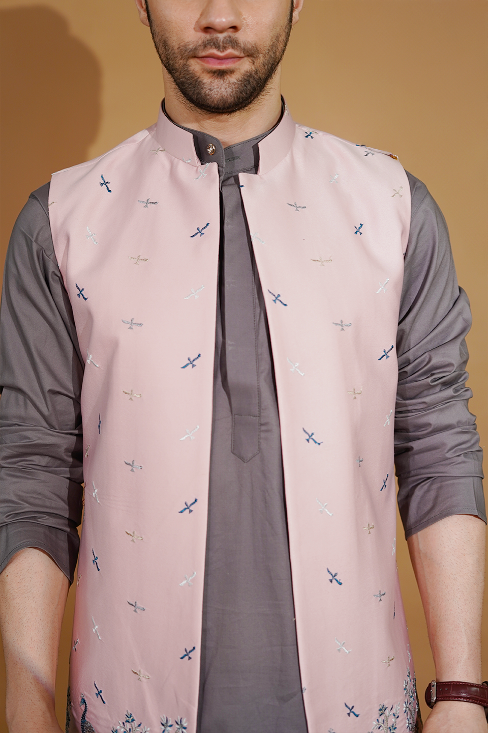 Poplin Grey Kurta Pyjama with Nehru Jacket