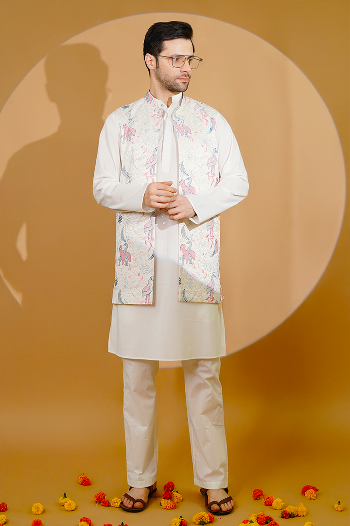 Cotton Blend White Kurta Pyjama with Nehru Jacket