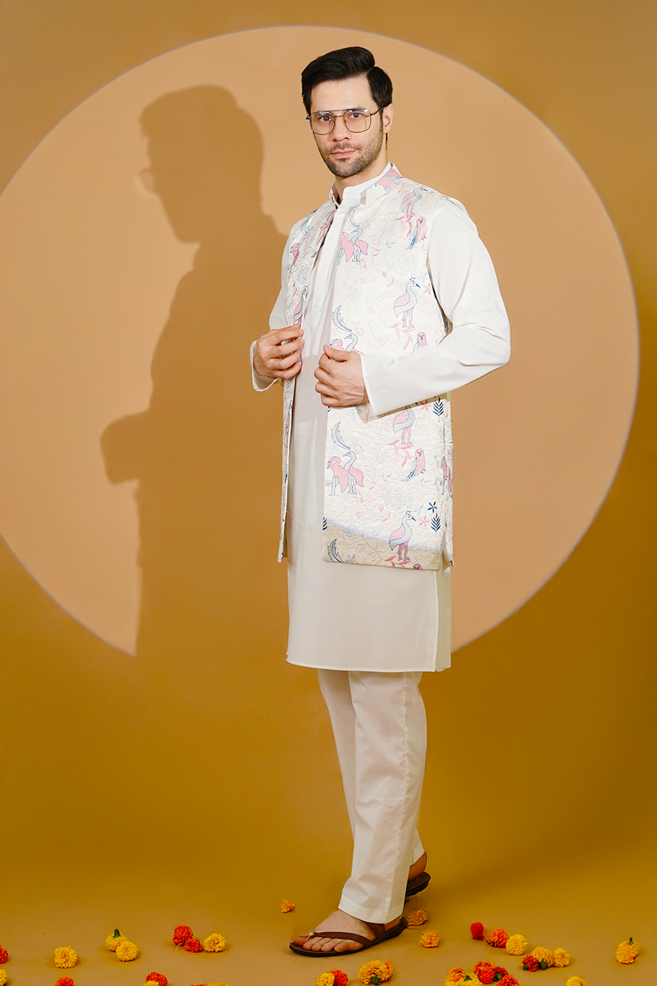 Cotton Blend White Kurta Pyjama with Nehru Jacket