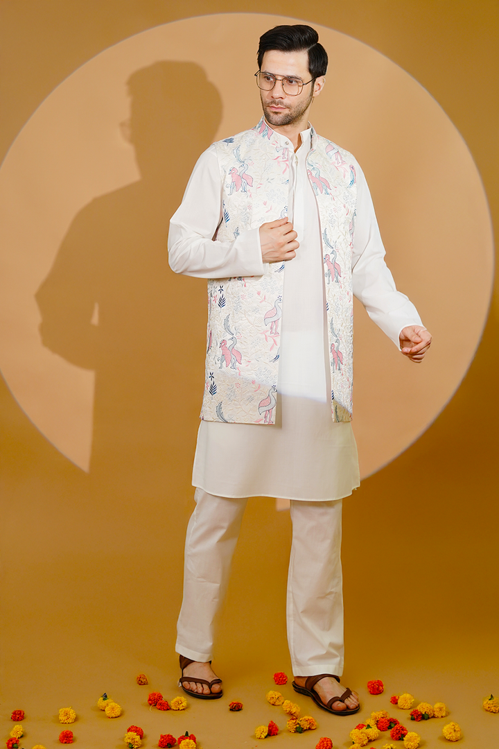 Cotton Blend White Kurta Pyjama with Nehru Jacket