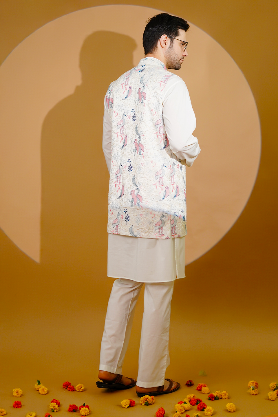 Cotton Blend White Kurta Pyjama with Nehru Jacket