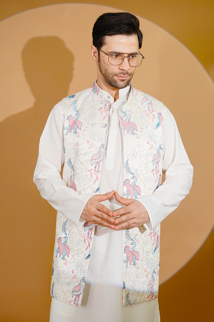 Cotton Blend White Kurta Pyjama with Nehru Jacket