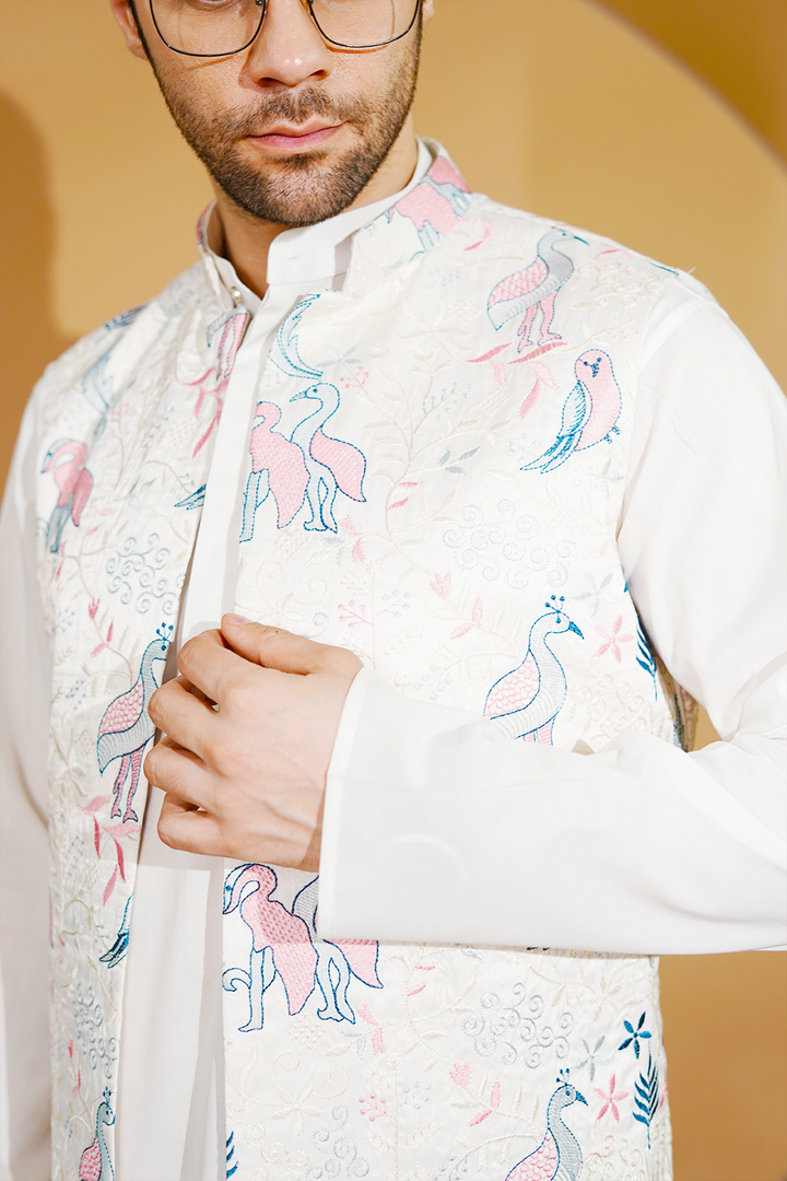 Cotton Blend White Kurta Pyjama with Nehru Jacket