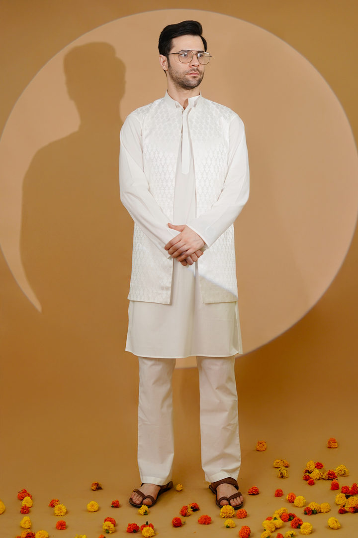 Cotton Blend White Kurta Pyjama with Nehru Jacket