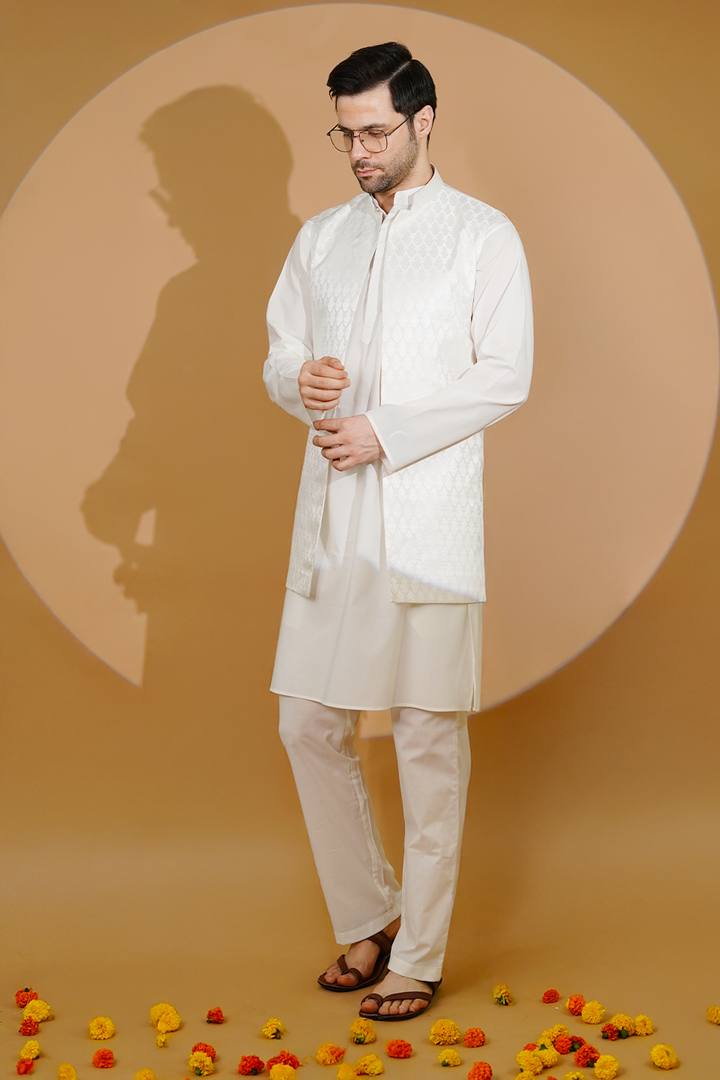 Cotton Blend White Kurta Pyjama with Nehru Jacket