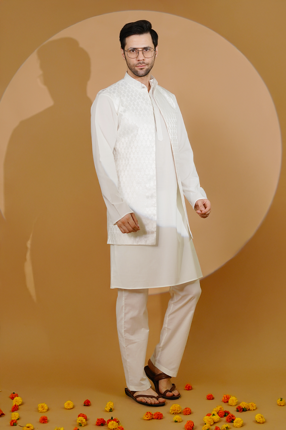 Cotton Blend White Kurta Pyjama with Nehru Jacket