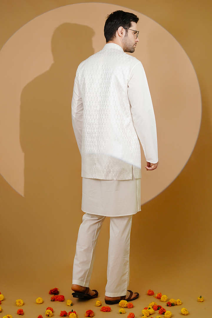 Cotton Blend White Kurta Pyjama with Nehru Jacket