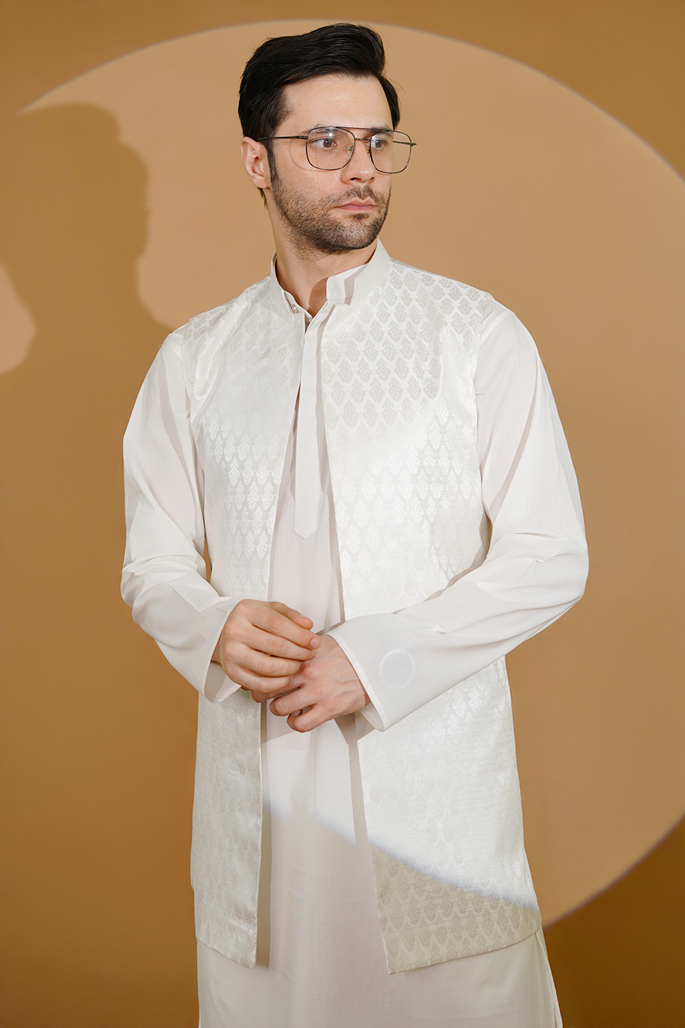 Cotton Blend White Kurta Pyjama with Nehru Jacket