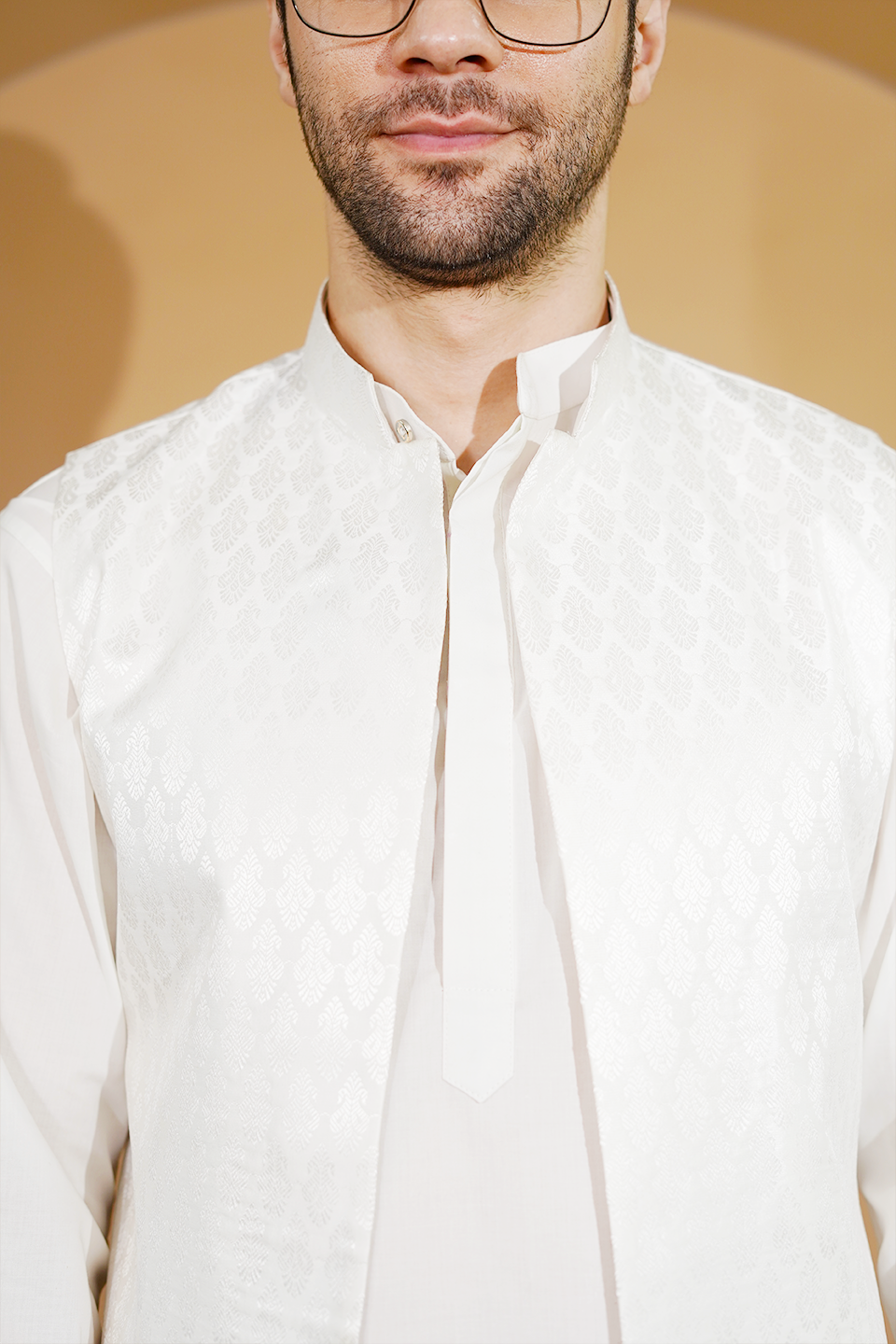 Cotton Blend White Kurta Pyjama with Nehru Jacket
