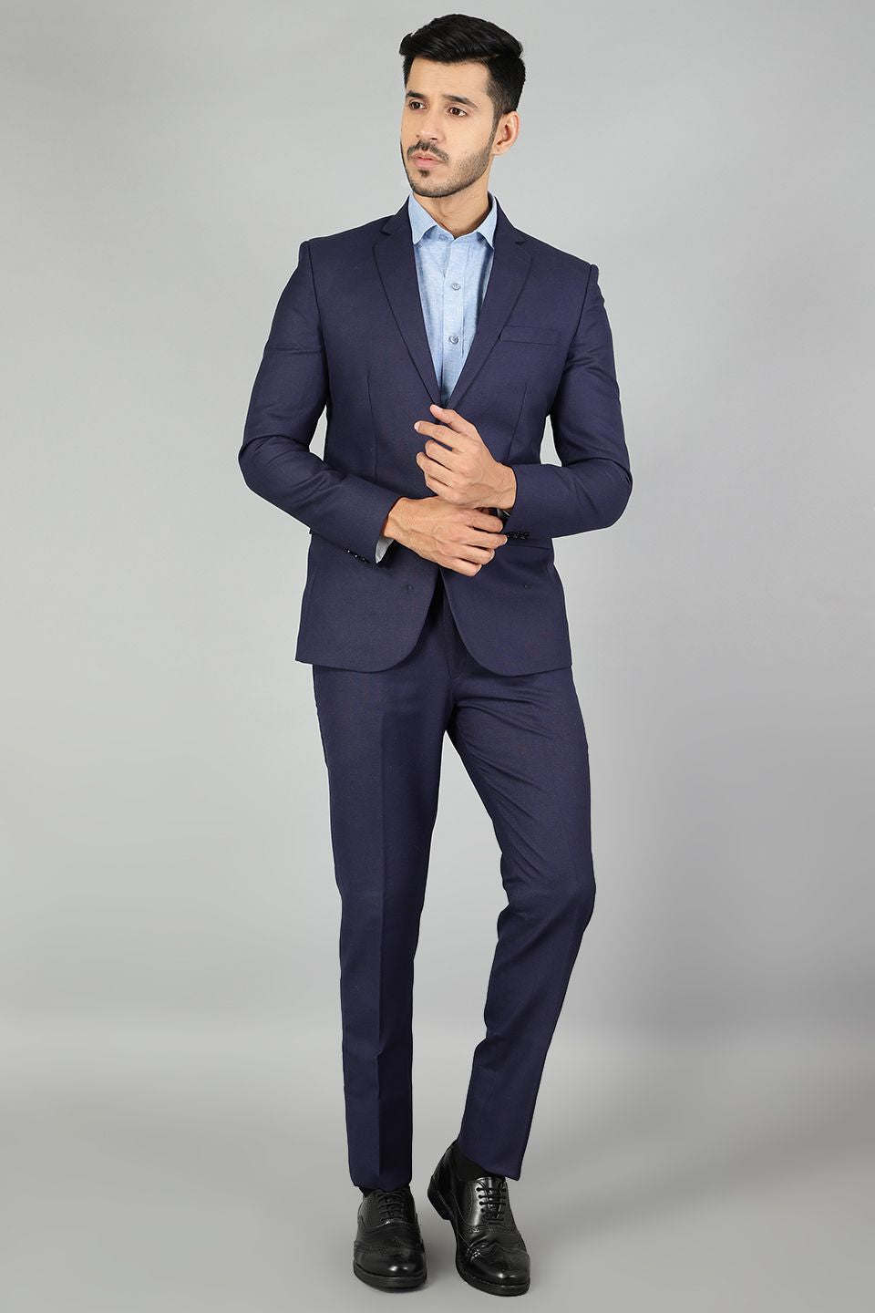 Polyester Cotton Plain Blue Two Piece Suit