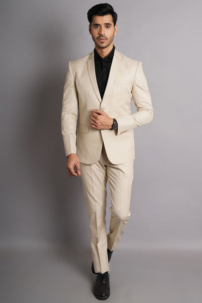 Poly Viscose Beige Solid Two Piece Suit