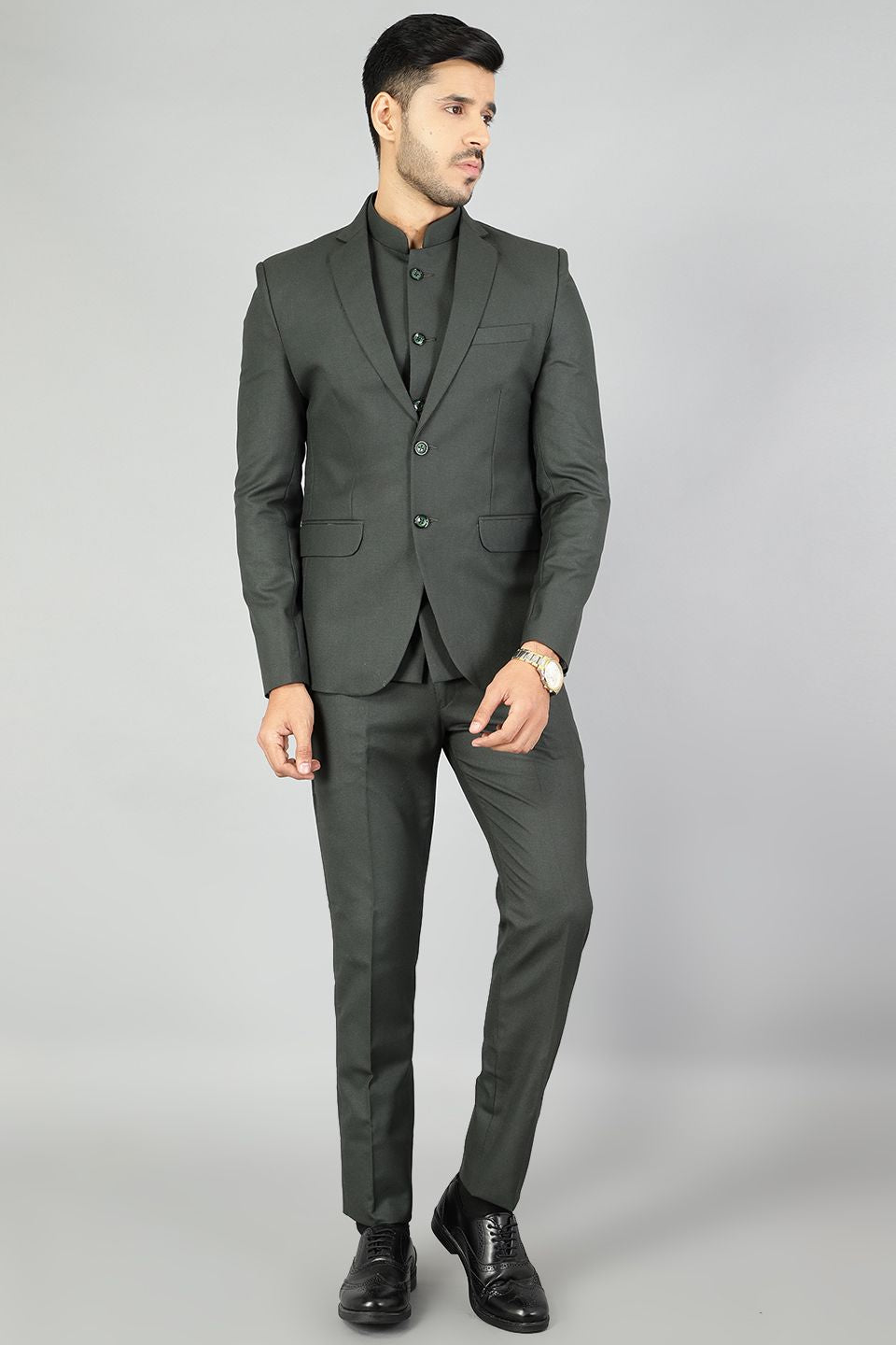 Polyester Cotton Plain Green Three Piece Suit