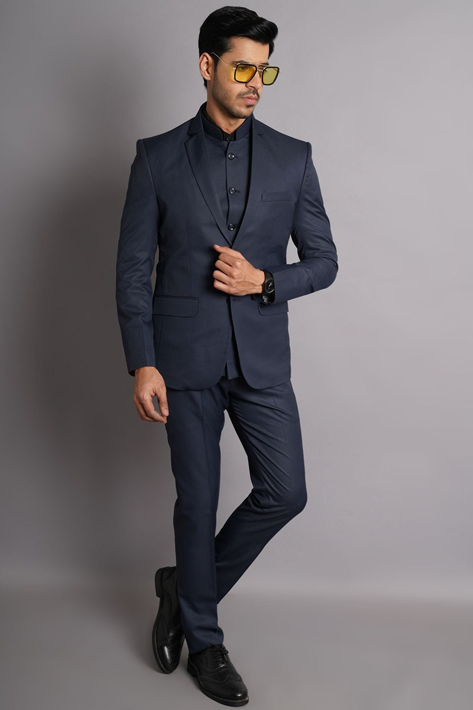 Poly Viscose Black Solid Three Piece Suit