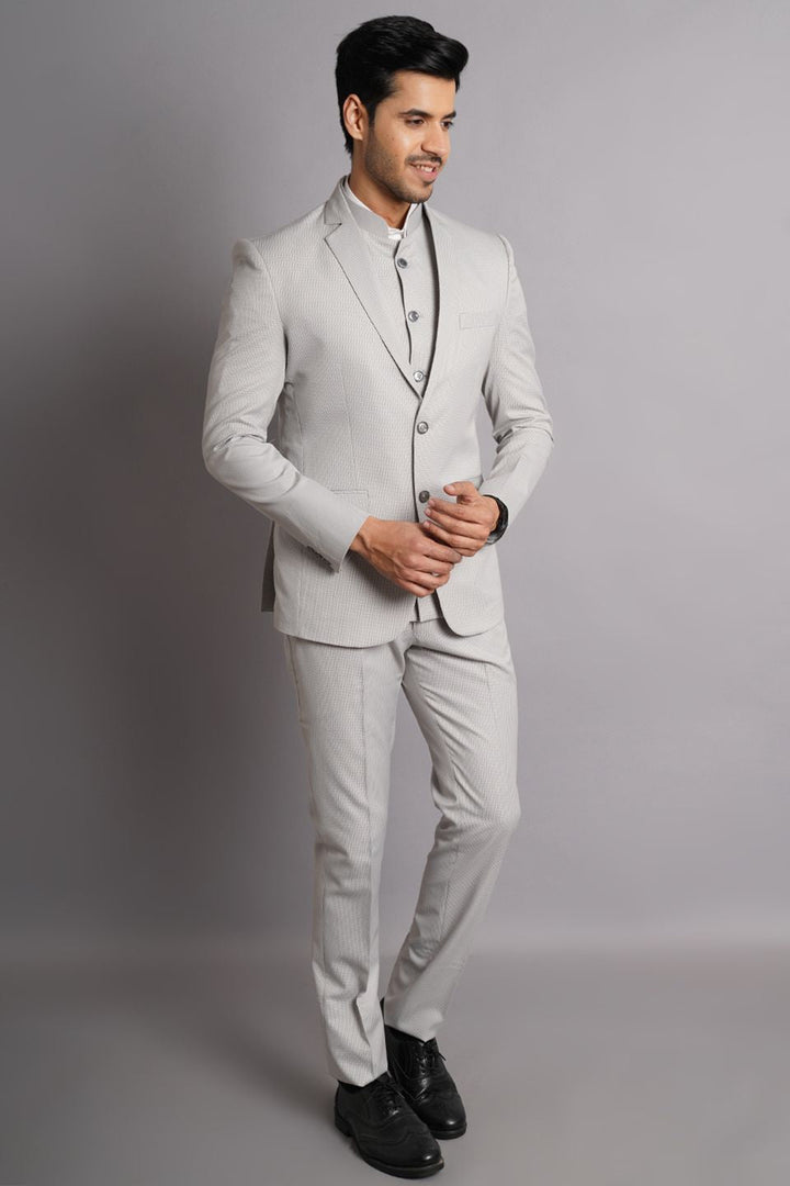 Poly Viscose Grey Solid Three Piece Suit