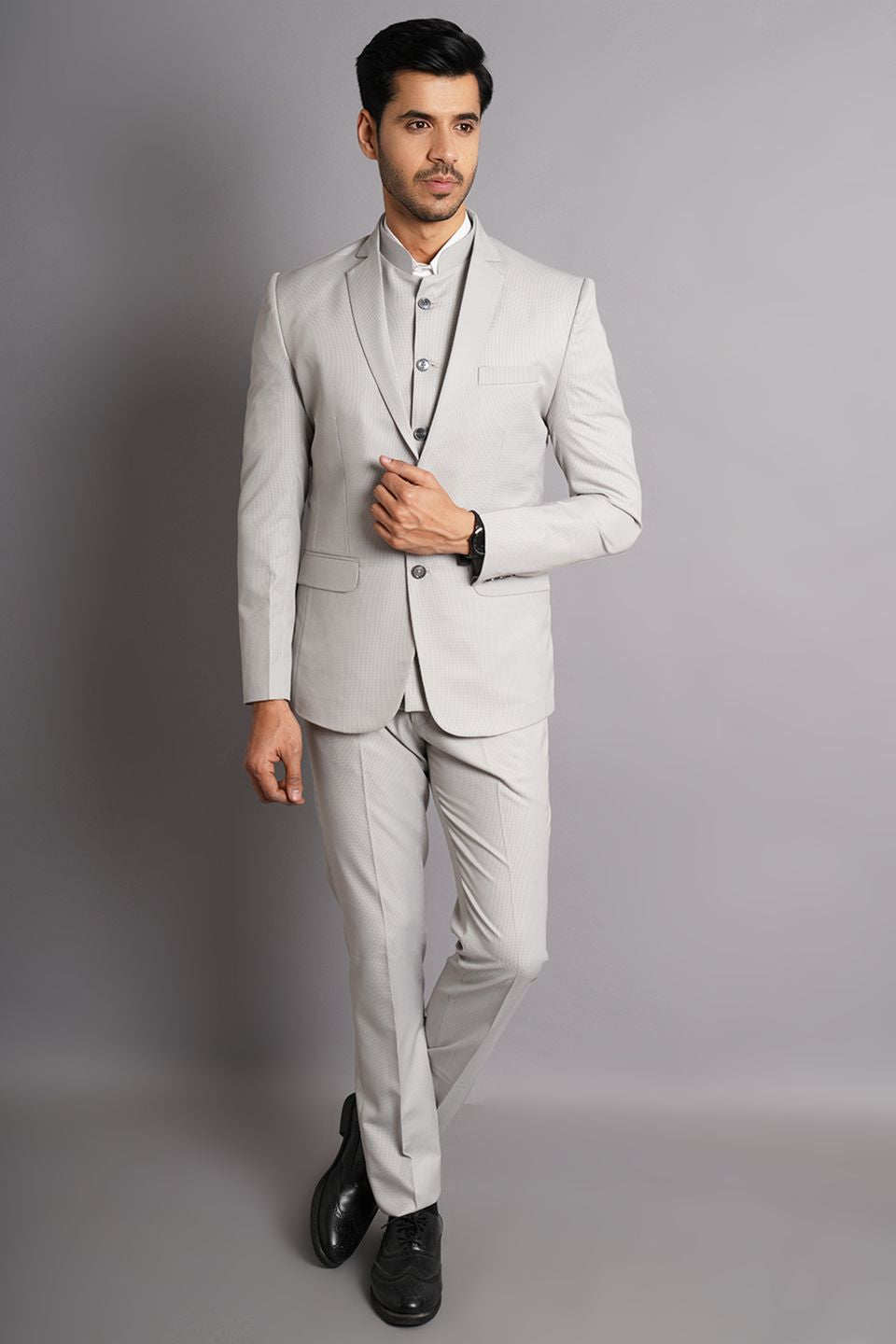 Poly Viscose Grey Solid Three Piece Suit