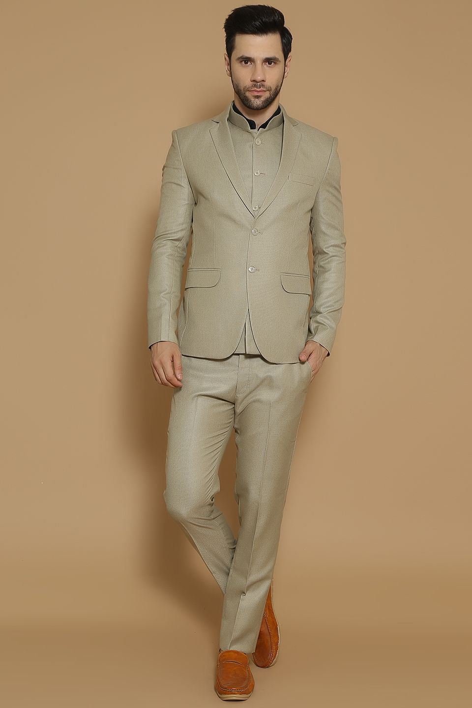 Poly Viscose Beige Three Piece Suit
