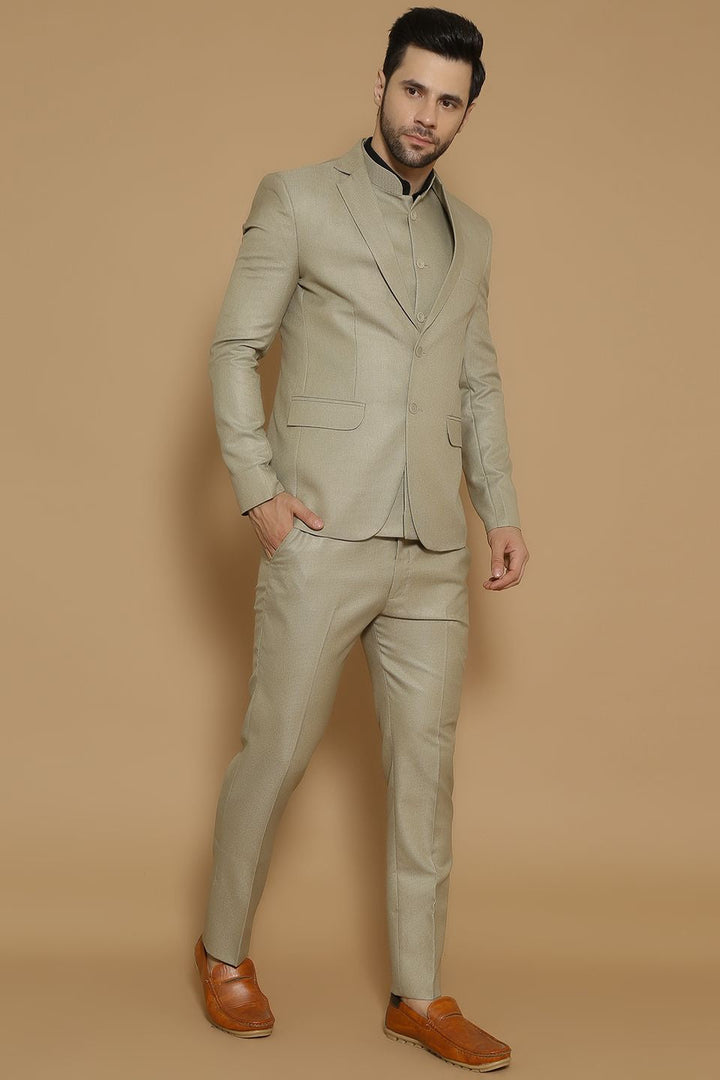Poly Viscose Beige Three Piece Suit