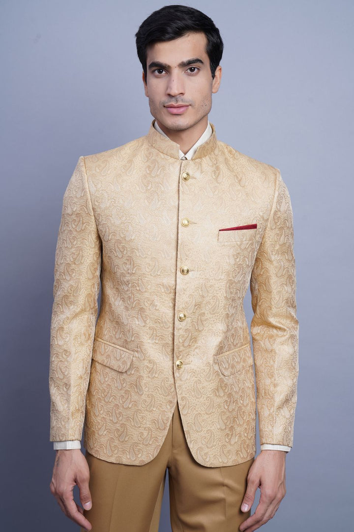 Wintage Men's Banarsi Rayon Cotton Casual and Festive Indian Jodhpuri Grandad Bandhgala Blazer : Beige