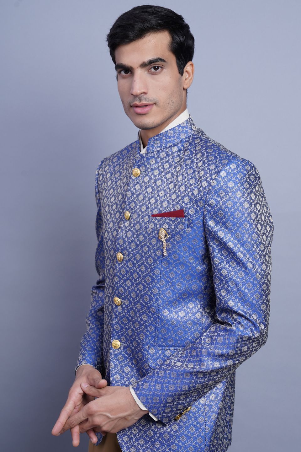 Wintage Men's Banarsi Rayon Cotton Casual and Festive Indian Jodhpuri Grandad Bandhgala Blazer : Blue