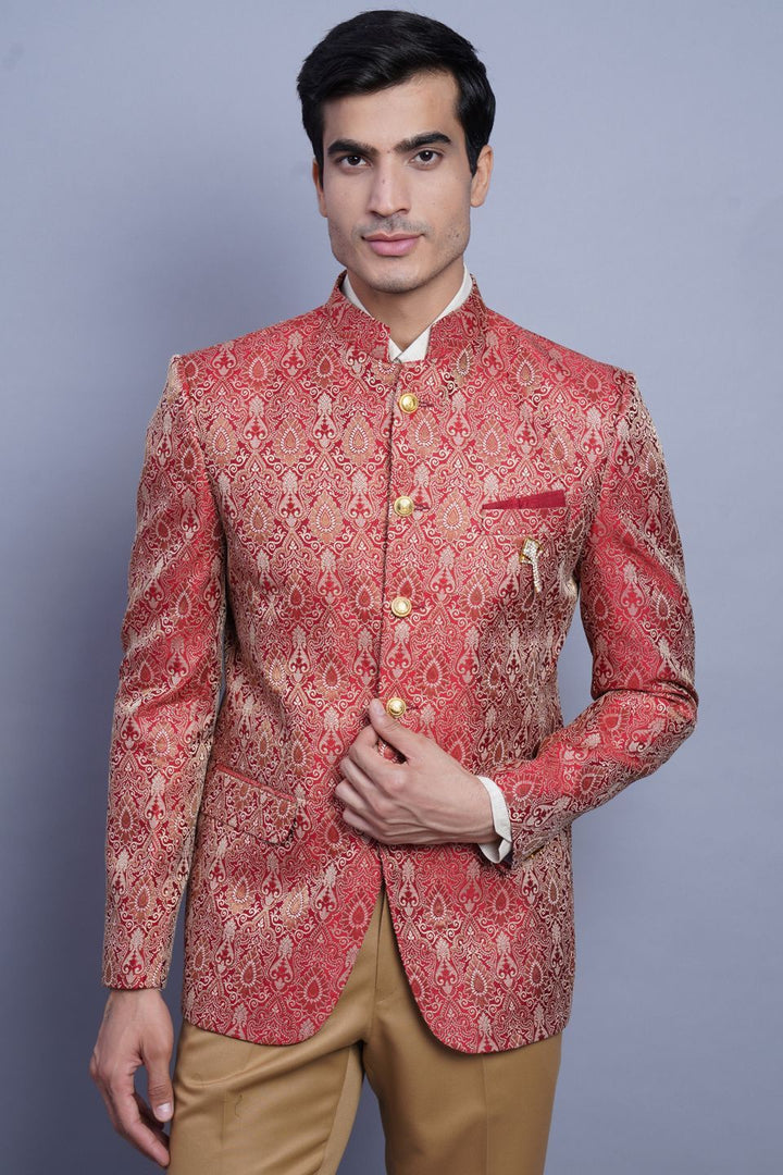 Wintage Men's Banarsi Rayon Cotton Casual and Festive Indian Jodhpuri Grandad Bandhgala Blazer : Red