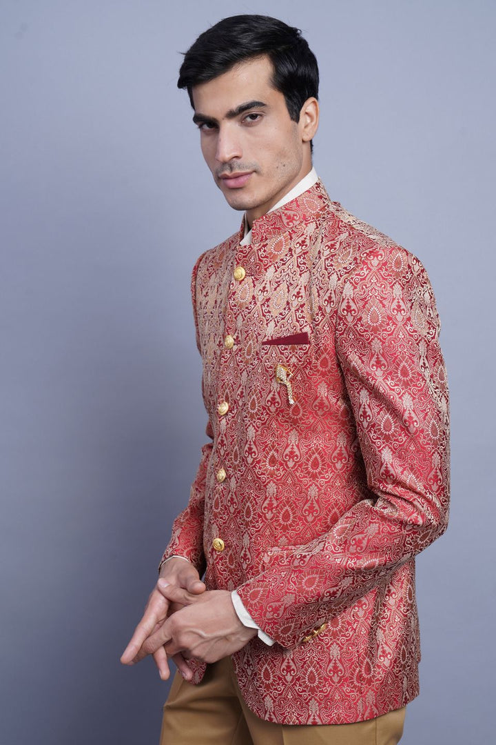 Wintage Men's Banarsi Rayon Cotton Casual and Festive Indian Jodhpuri Grandad Bandhgala Blazer : Red