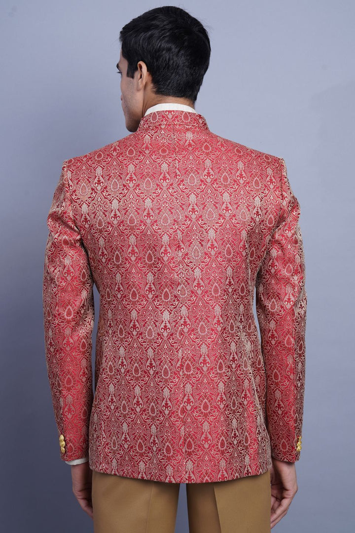 Wintage Men's Banarsi Rayon Cotton Casual and Festive Indian Jodhpuri Grandad Bandhgala Blazer : Red