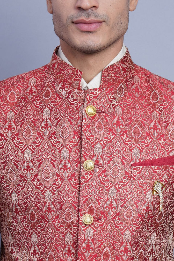 Wintage Men's Banarsi Rayon Cotton Casual and Festive Indian Jodhpuri Grandad Bandhgala Blazer : Red