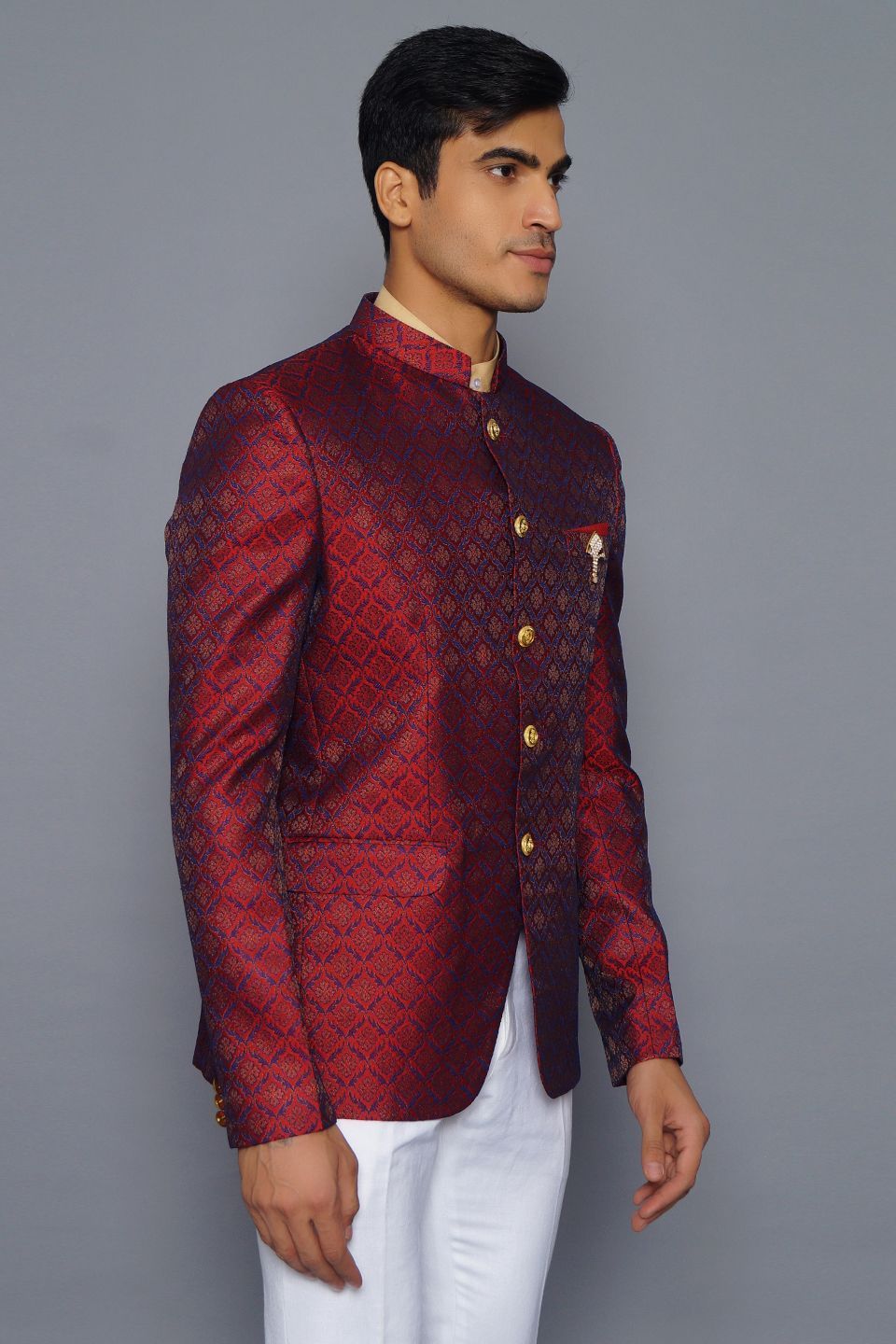 Wintage Men's Banarsi Rayon Cotton Casual and Festive Indian Jodhpuri Grandad Bandhgala Blazer : Red