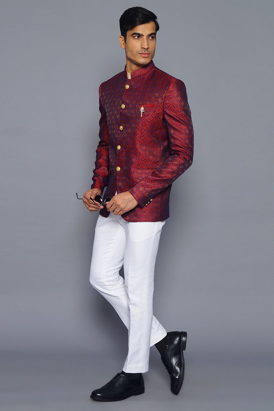 Wintage Men's Banarsi Rayon Cotton Casual and Festive Indian Jodhpuri Grandad Bandhgala Blazer : Red