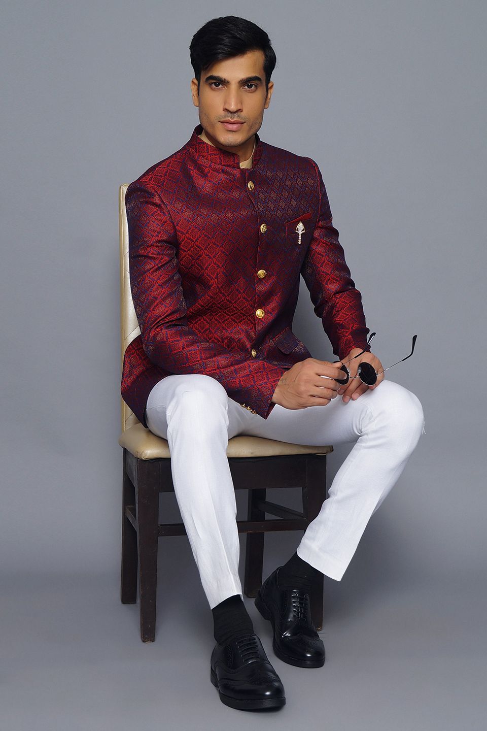 Wintage Men's Banarsi Rayon Cotton Casual and Festive Indian Jodhpuri Grandad Bandhgala Blazer : Red