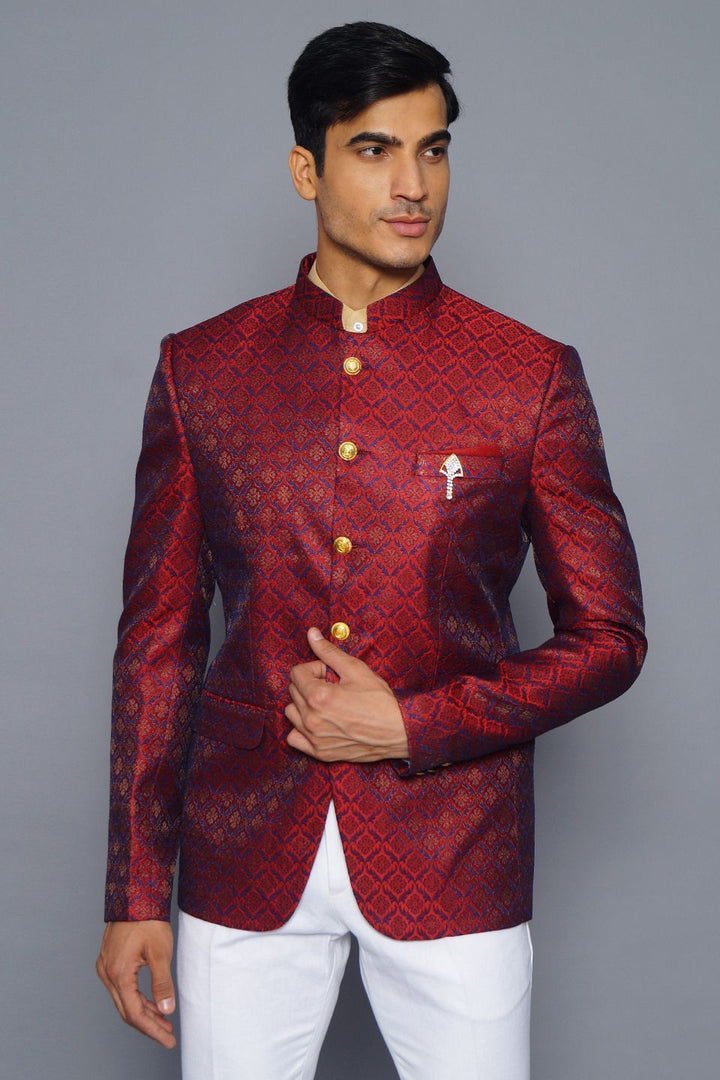 Wintage Men's Banarasi Rayon Cotton Casual and Festive Indian Jodhpuri Grandad Bandhgala Blazer : Red