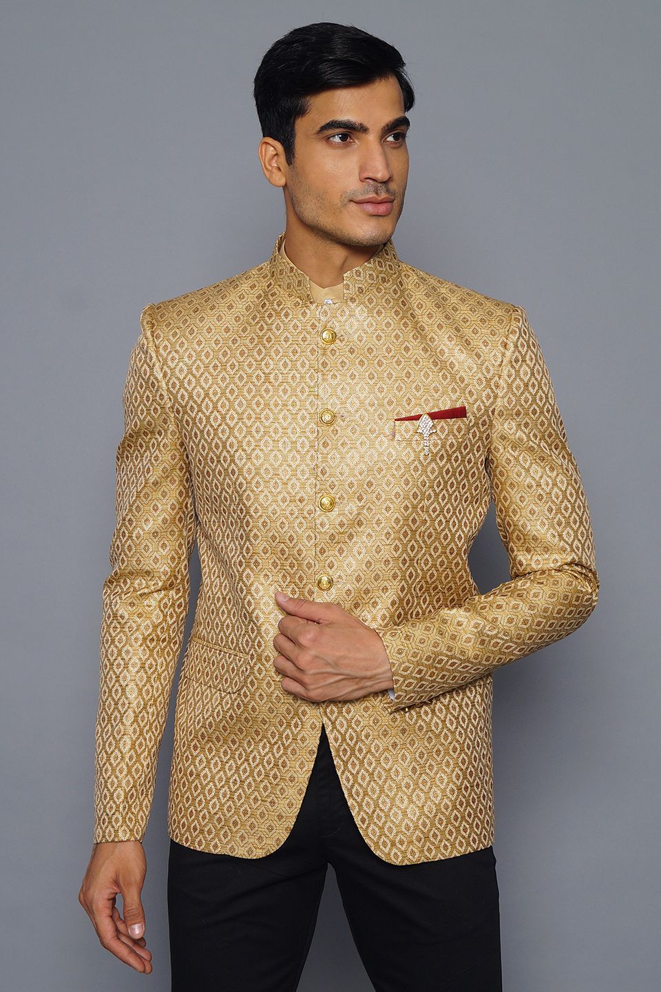 Wintage Men's Banarasi Rayon Cotton Casual and Festive Indian Jodhpuri Grandad Bandhgala Blazer : Gold