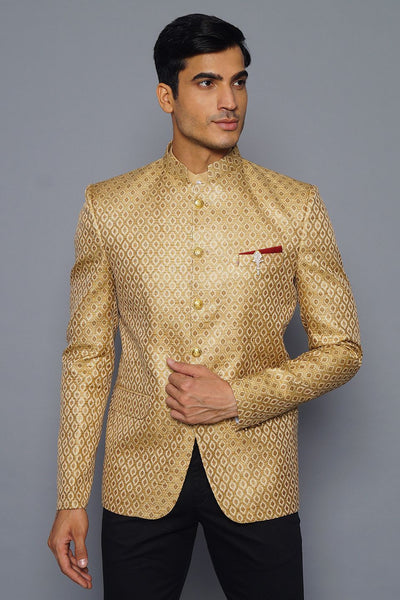 Wintage Men's Banarasi Rayon Cotton Casual and Festive Indian Jodhpuri Grandad Bandhgala Blazer : Gold